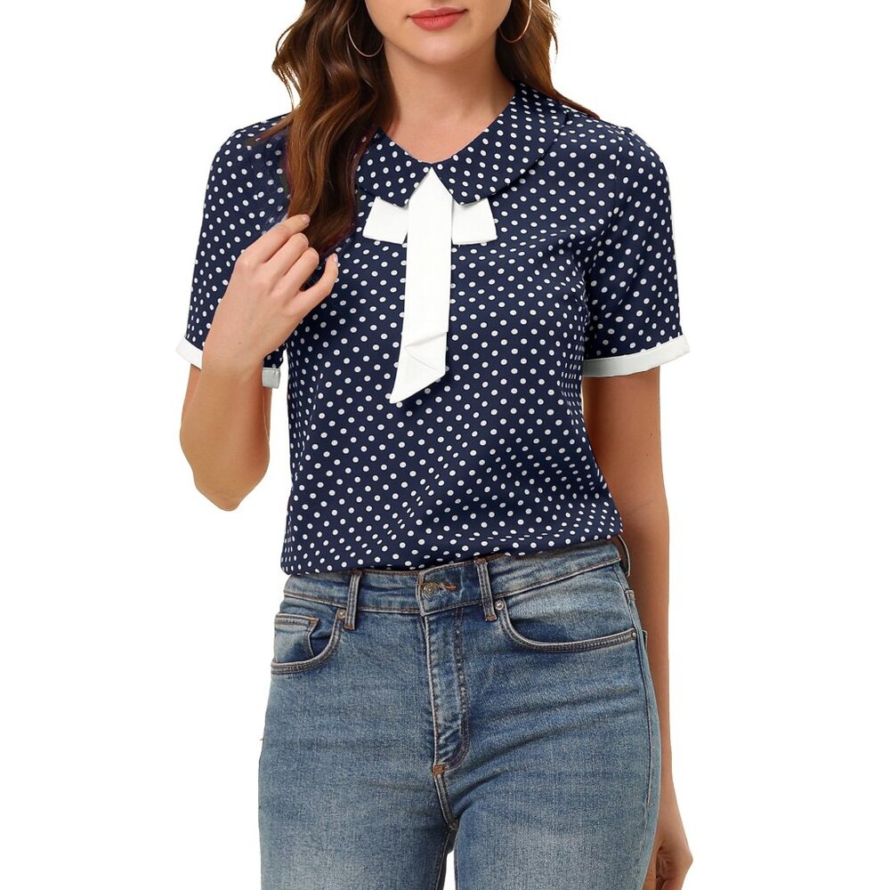 NWT Polka Dot Peter Pan Collar Bow Tie Neck Puff Sleeve Vintage Shirt